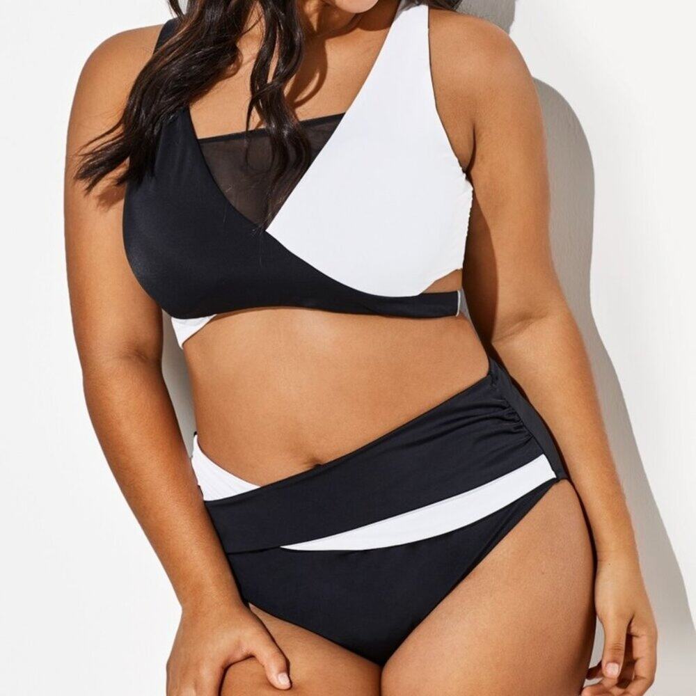 Meet.Curve Colorblock Wrap Swimsuit Bikini Set Black & White Womens 3XL NEW